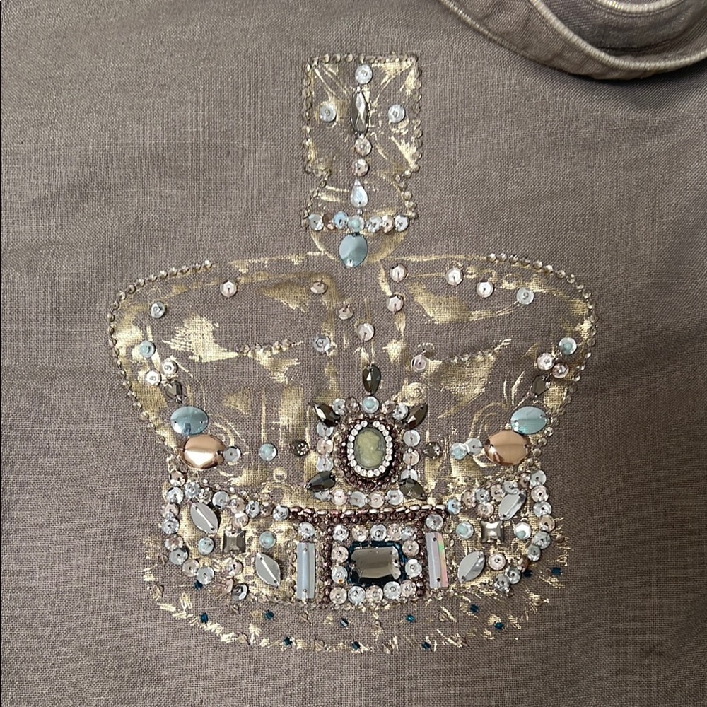 Embellished Crown Canvas Tote Bag - Brown